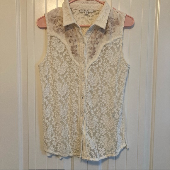Miss Me Top M Lace Sheer IvoryBeaded Pink  Floral Embroider Boho Coquette - Picture 1 of 12